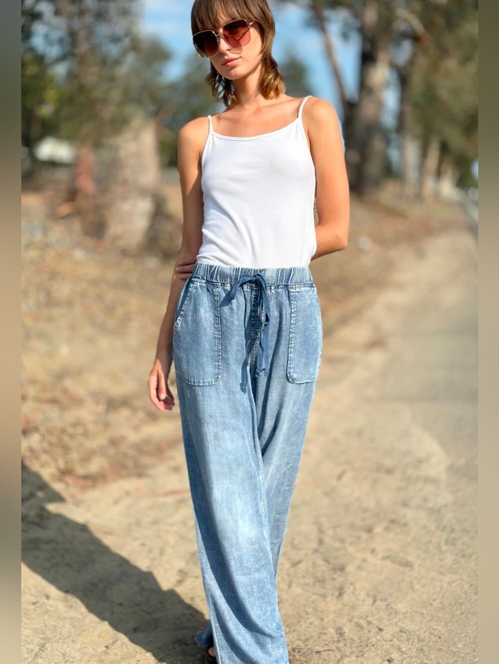 Wash Lab Lola Soft Wide-Leg Drawstring Denim Pants